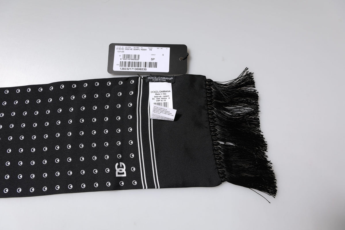 Dolce & Gabbana Black White Polka Dotted Silk Skinny Fringes Scarf
