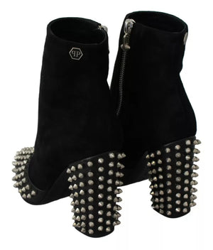 Philipp Plein Black Suede Studded Heels Ankle Boots Shoes