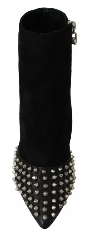 Philipp Plein Black Suede Studded Heels Ankle Boots Shoes