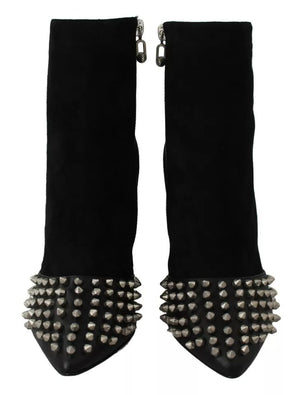 Philipp Plein Black Suede Studded Heels Ankle Boots Shoes