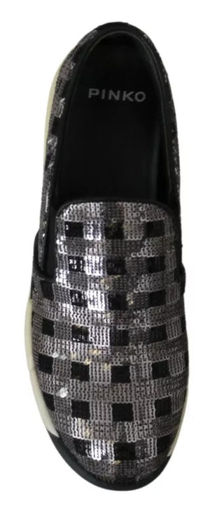 PINKO Silver Black Slip-on Sequence Design Sneakers Shoes