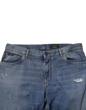 Dolce & Gabbana Blue Tattered Cotton Straight Denim Jeans