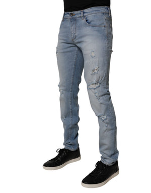 Dolce & Gabbana Blue Tattered Cotton Skinny Men Denim Jeans