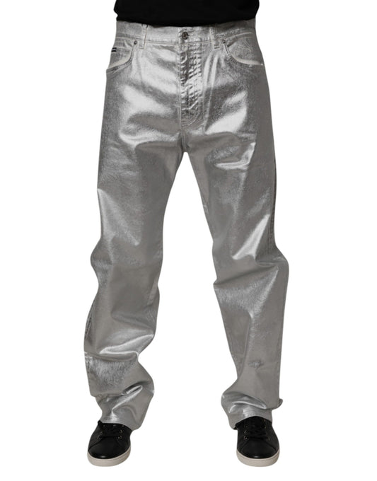Dolce & Gabbana Metallic Silver Cotton Straight Denim Jeans