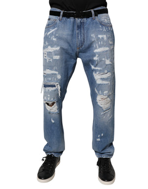 Dolce & Gabbana Blue Tattered Straight Cotton Denim Jeans