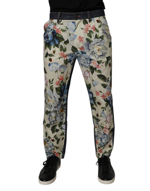 Dolce & Gabbana Beige Blue Floral Cotton Men Denim Jeans