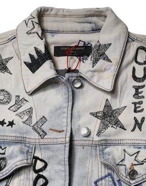 Dolce & Gabbana Light Blue Graffiti Button Down Denim Jacket