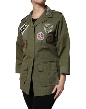 Dolce & Gabbana Military Green Queen Embellished Coat Jacket