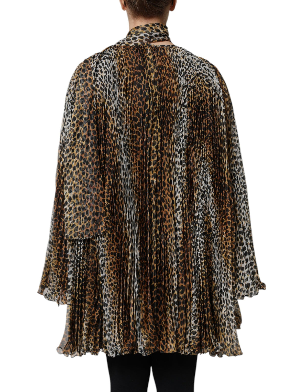 Dolce & Gabbana Brown Leopard Print Scarf Collared Chiffon Dress