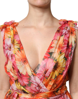 Dolce & Gabbana Multicolor Floral Silk V-neck Chiffon Dress
