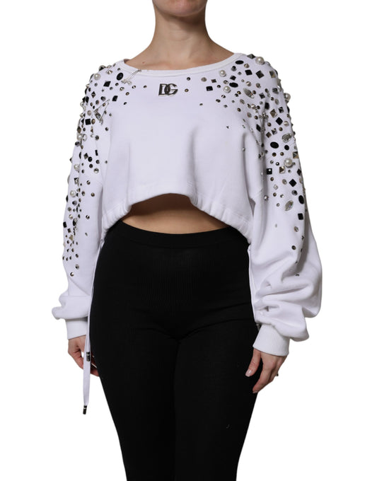 Dolce & Gabbana White Embellished Long Sleeve Cropped Sweater