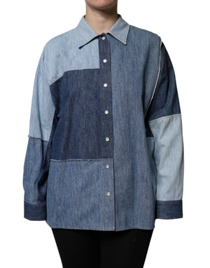 Dolce & Gabbana Blue Cotton Button Up Collared Long Sleeve Top