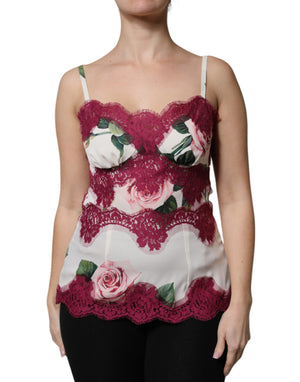 Dolce & Gabbana White Rose Print Satin Lace Tank Top Lingerie