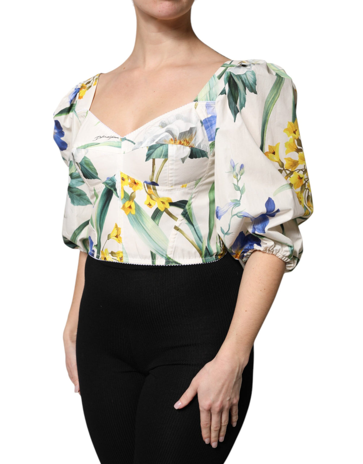 Dolce & Gabbana White Floral Puff Sleeves Crop Blouse Top