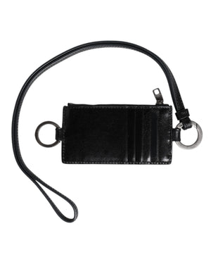 Dolce & Gabbana Black Leather Logo Embossed Lanyard Card Holder Wallet