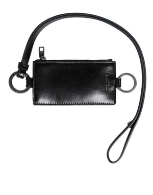Dolce & Gabbana Black Leather Logo Embossed Lanyard Card Holder Wallet