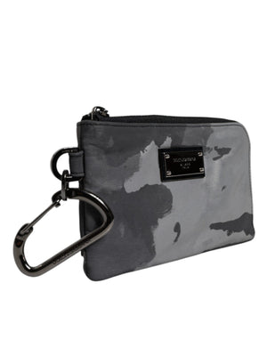 Dolce & Gabbana Black Gray Camouflage Logo Plaque Keyring Pouch Bag