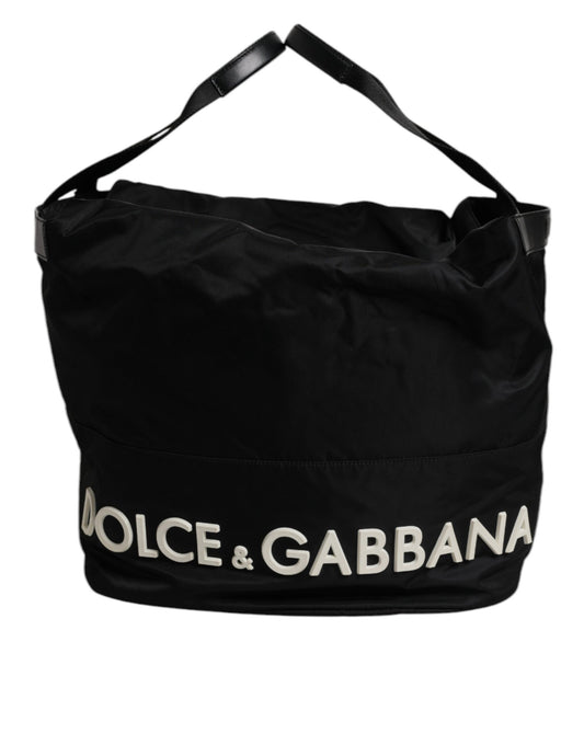 Dolce & Gabbana Black Nylon White Iconic Logo Shoulder Bucket Bag