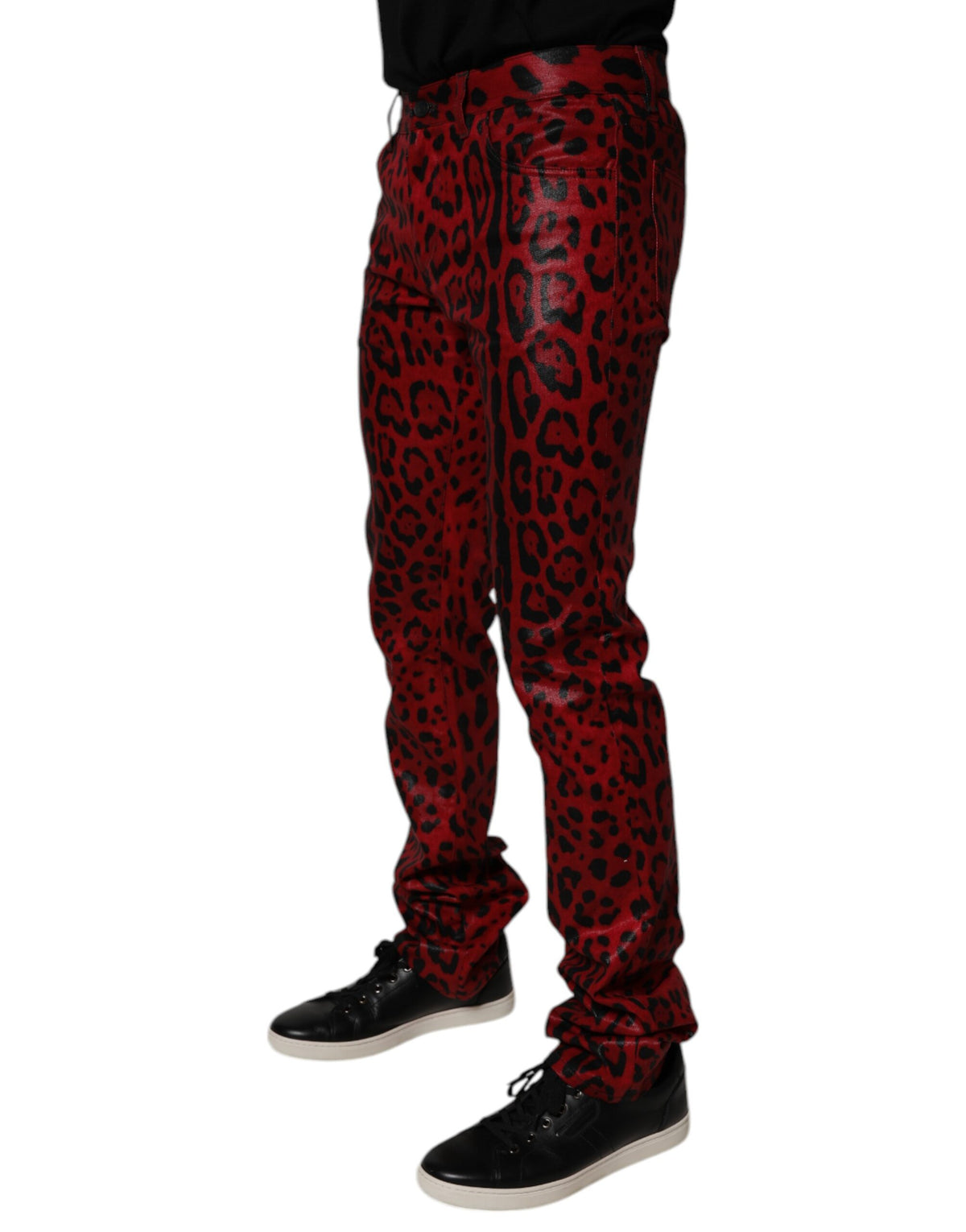 Dolce & Gabbana Red Leopard Cotton Slim Fit Denim Jeans