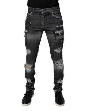 Dolce & Gabbana Dark Gray Tattered Cotton Skinny Denim Jeans