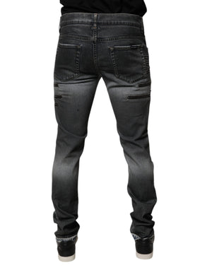 Dolce & Gabbana Dark Gray Tattered Cotton Skinny Denim Jeans