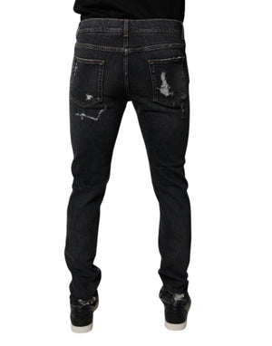 Dolce & Gabbana Black Tattered Cotton Skinny Men Denim Jeans