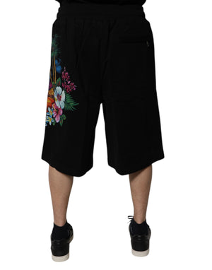 Dolce & Gabbana Black Cotton Logo Floral Print Bermuda Shorts