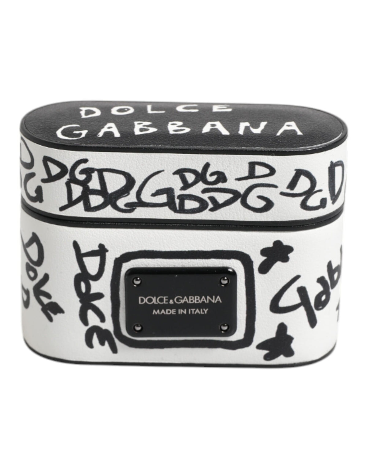 Dolce & Gabbana Black White Leather Scribble Embossed Logo Airpods Case