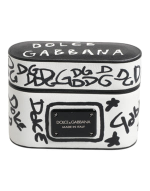 Dolce & Gabbana Black White Leather Scribble Embossed Logo Airpods Case