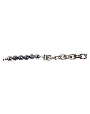 Dolce & Gabbana Silver Tone Chain Lobster Clasp Logo Gray Pearls Bracelet