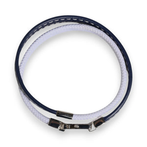 Dolce & Gabbana Blue White Leather Trimmed DG Engraved Silver Tone Clasp Bracelet