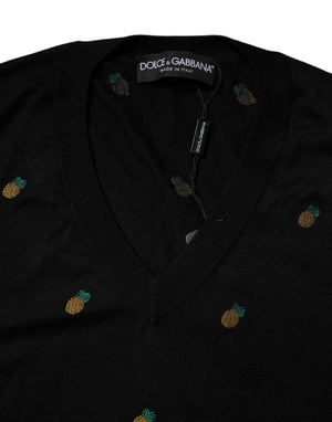 Dolce & Gabbana Black Pineapple Crew Neck Pullover Sweater