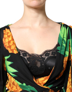 Dolce & Gabbana Black Silk Pineapple Draped Print Wrap Dress