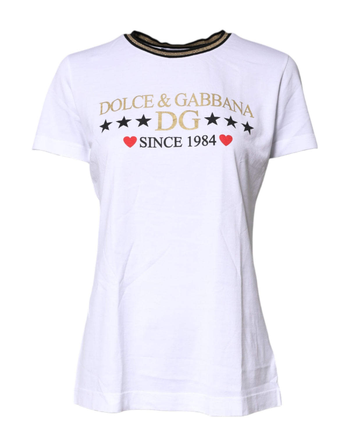 Dolce & Gabbana White Printed Round Neck Top Cotton T-shirt