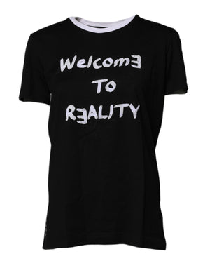 Dolce & Gabbana Black Printed Round Neck Top Cotton T-shirt