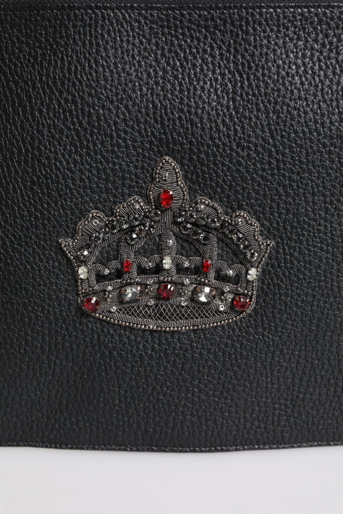 Dolce & Gabbana Black Calfskin Crown Embellished Clutch Pouch Bag