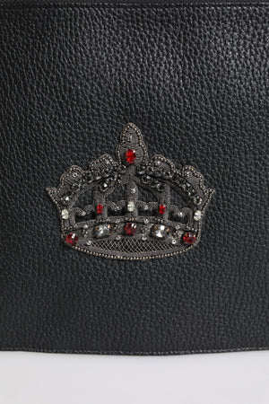 Dolce & Gabbana Black Calfskin Crown Embellished Clutch Pouch Bag