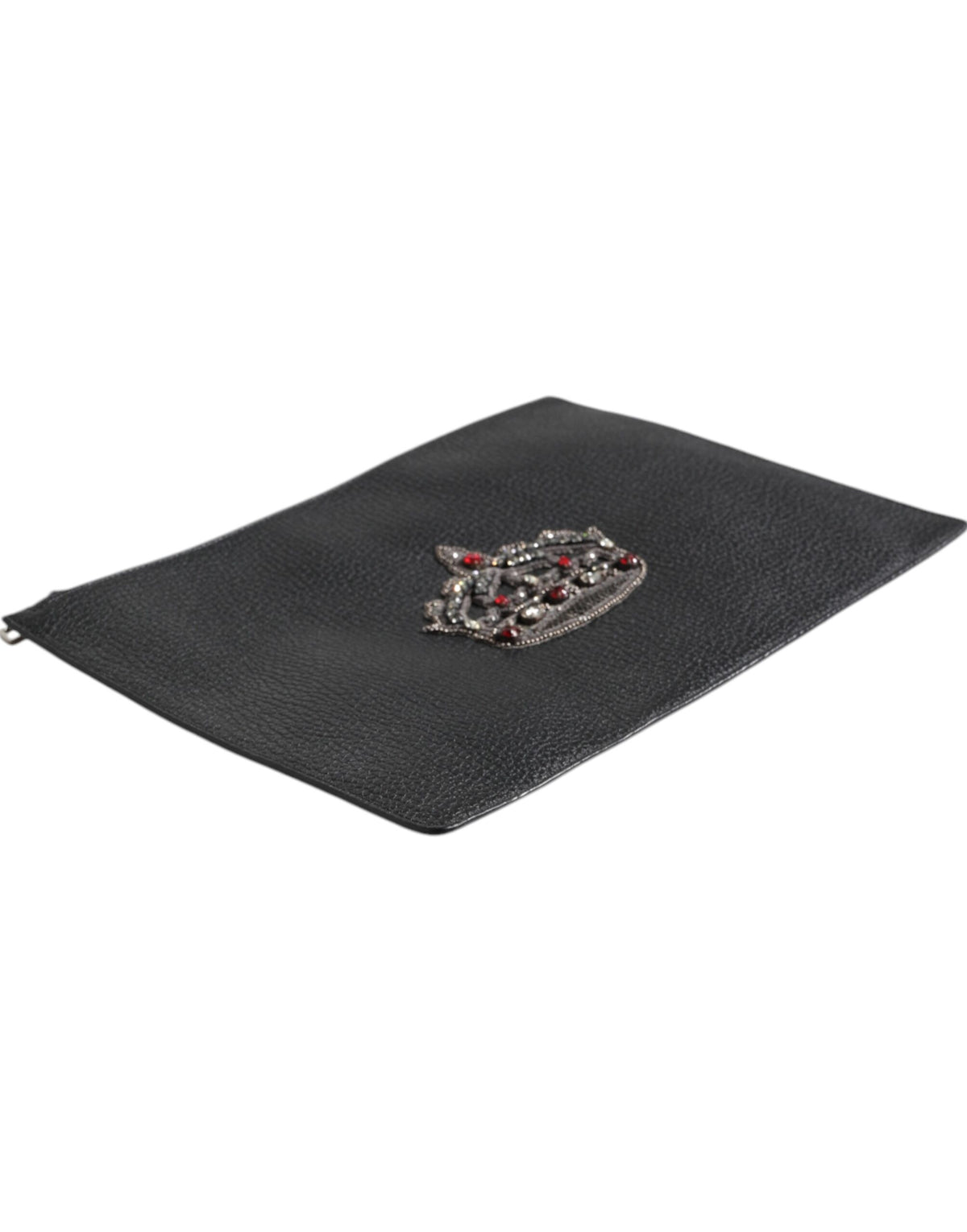 Dolce & Gabbana Black Calfskin Crown Embellished Clutch Pouch Bag