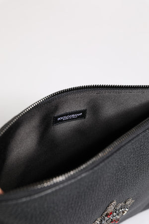 Dolce & Gabbana Black Calfskin Crown Embellished Clutch Pouch Bag