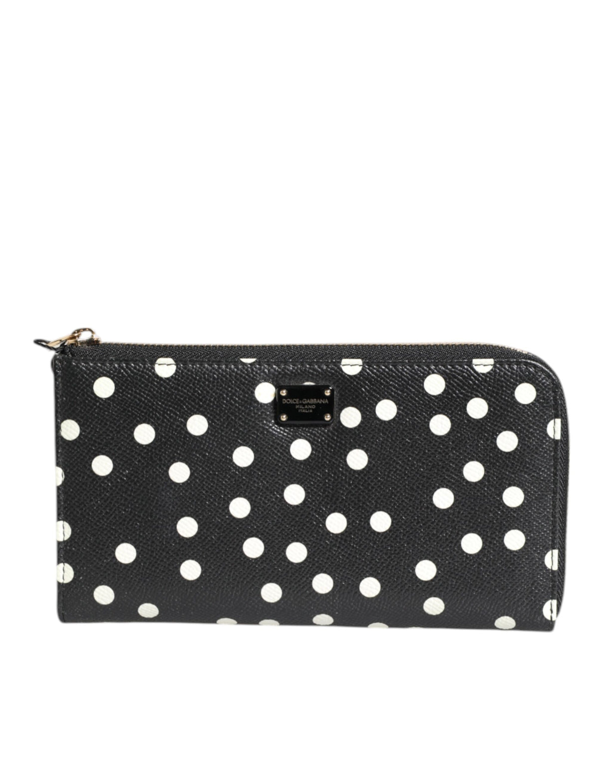 Dolce & Gabbana Black White Dotted Leather Zip Around Continental Wallet