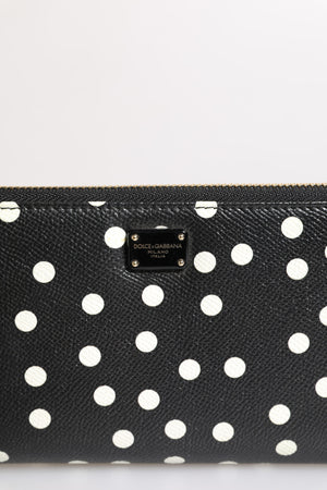 Dolce & Gabbana Black White Dotted Leather Zip Around Continental Wallet