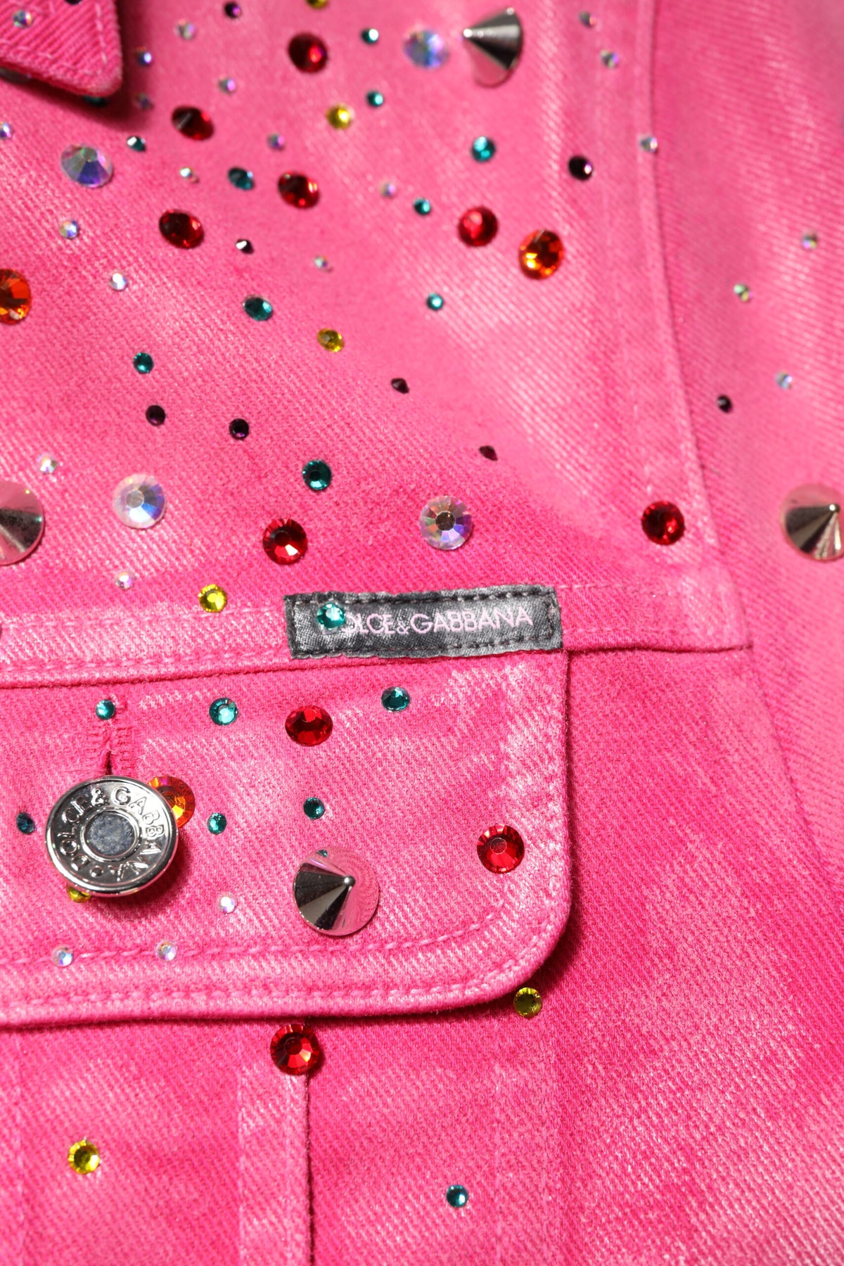 Dolce & Gabbana Pink Crystal Embellished Cotton Denim Jacket