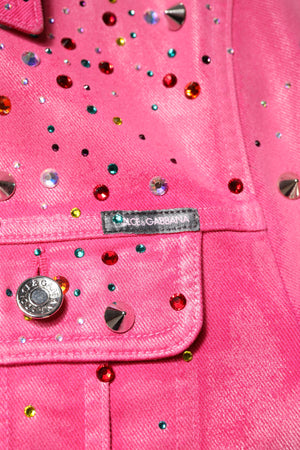 Dolce & Gabbana Pink Crystal Embellished Cotton Denim Jacket