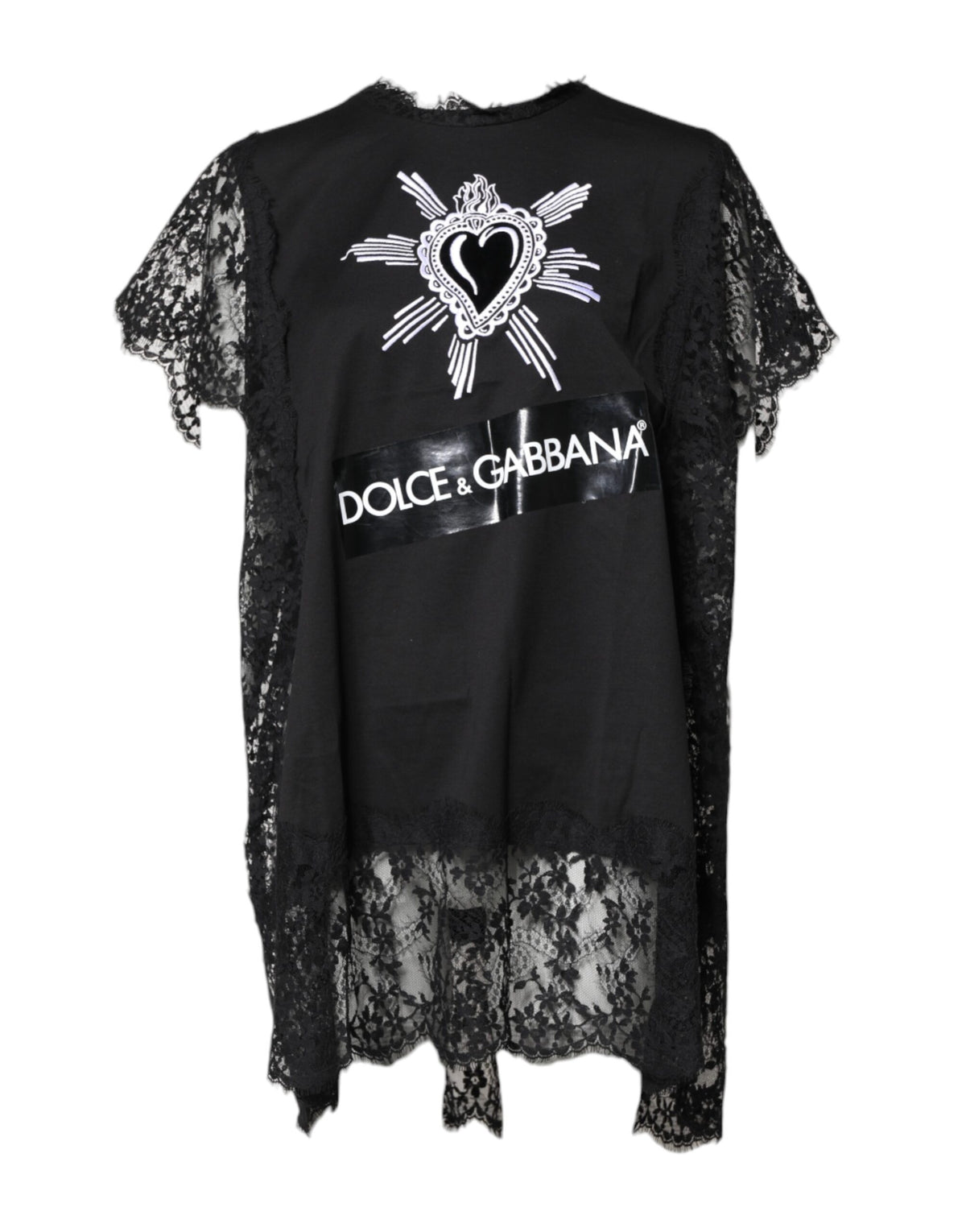 Dolce & Gabbana Black Lace Sheer Sacred Heart Crew Neck Top