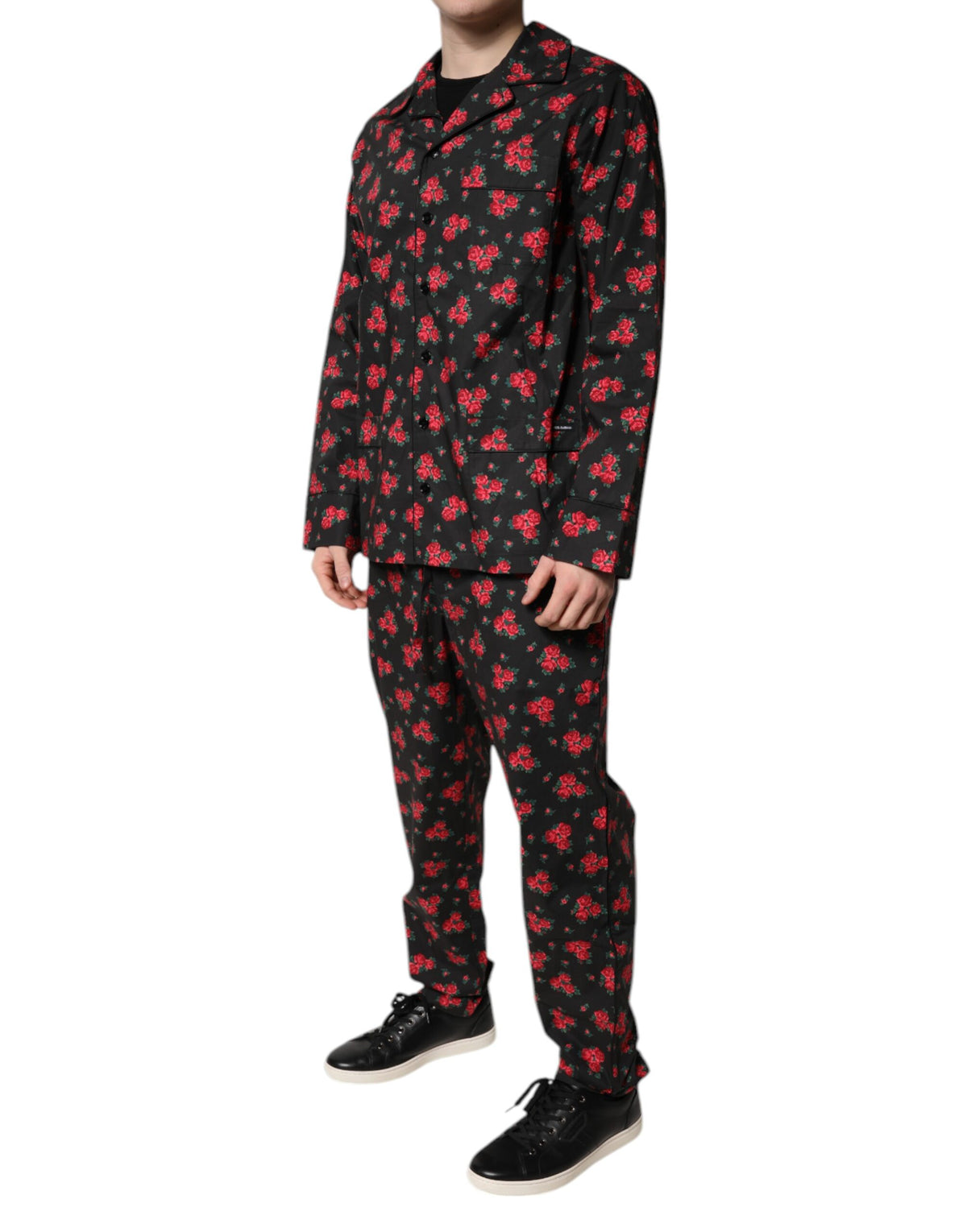 Dolce & Gabbana Black Floral Print Cotton Men Pajama Set Sleepwear