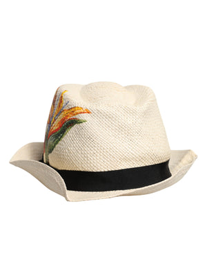 Dolce & Gabbana Beige Floral Print Straw Wide Brim Fedora Hat
