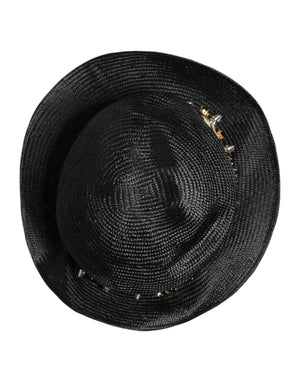 Dolce & Gabbana Black Straw Crystal Embellished Wide Brim Hat