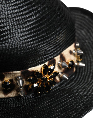 Dolce & Gabbana Black Straw Crystal Embellished Wide Brim Hat