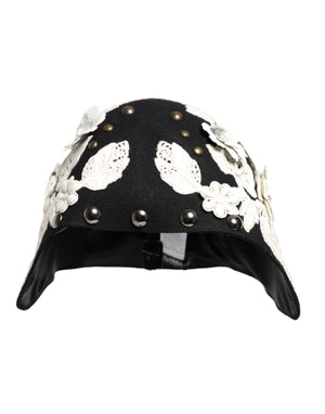 Dolce & Gabbana Black Wool White Floral Gold Leaf Cloche Hat