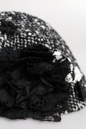 Dolce & Gabbana Black Wool White Floral Embellished Cloche Hat